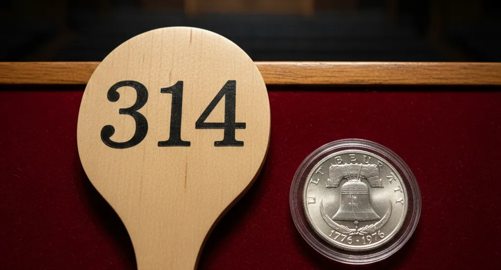 an auction paddle and a 1976 silver dollar on stage