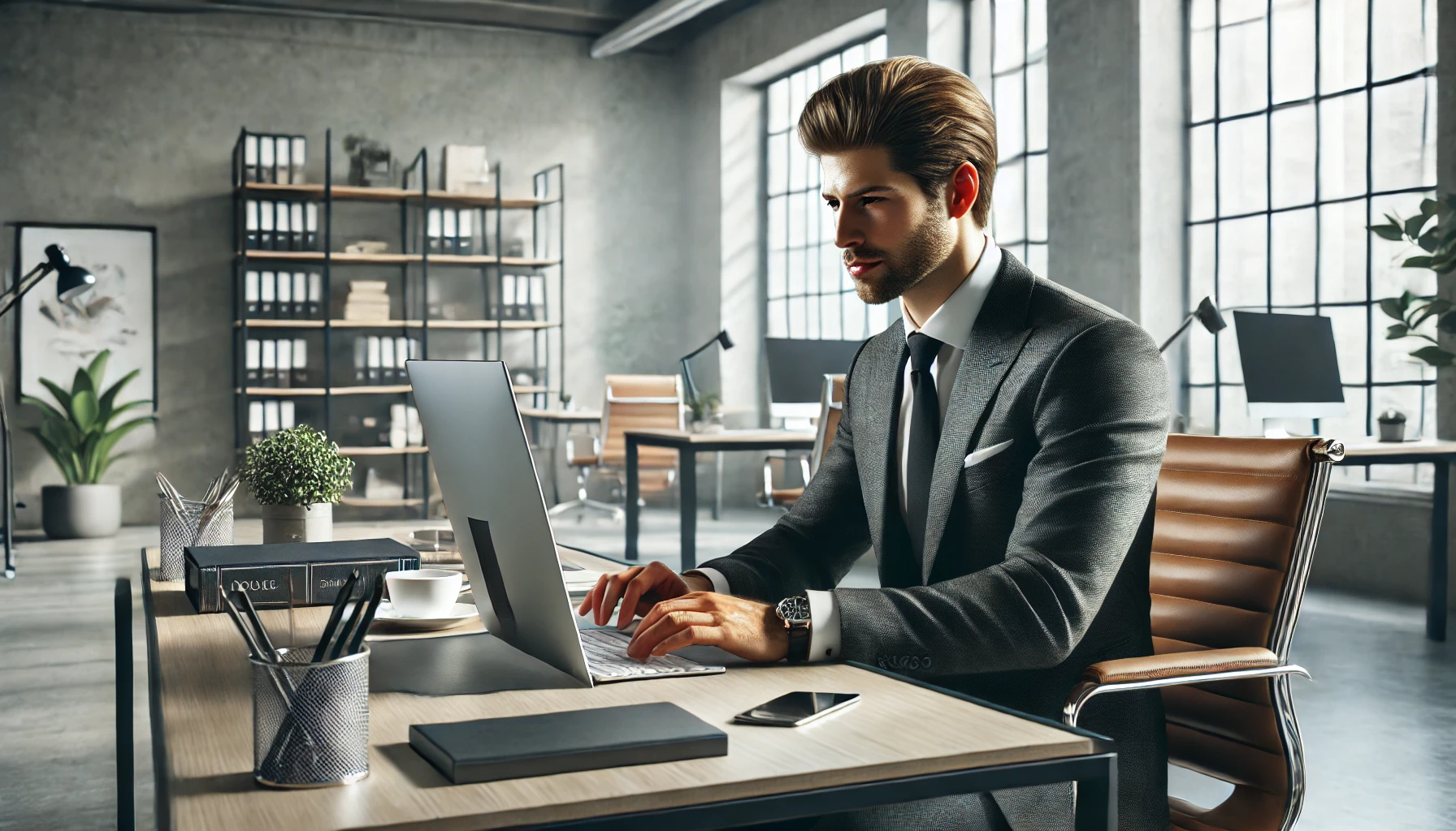 a man working on a laptop in a modern office. He has a professional appearance and is wearing a business suit.
