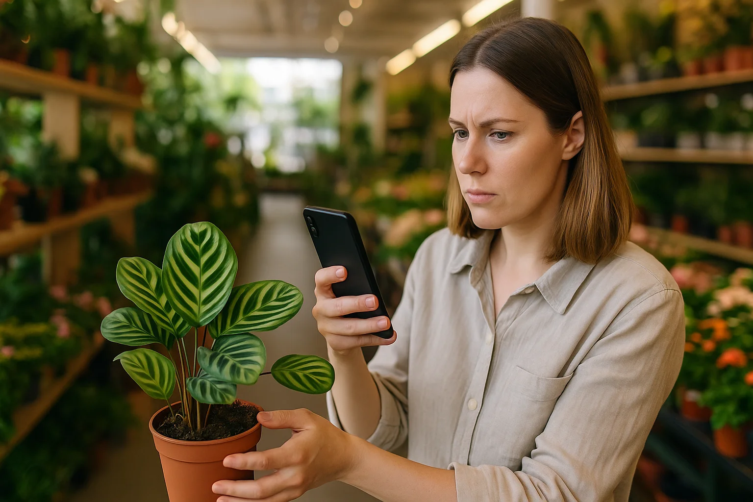 A woman in a plant store photographs a potted Calathea with her smartphone to learn detailed care tips.