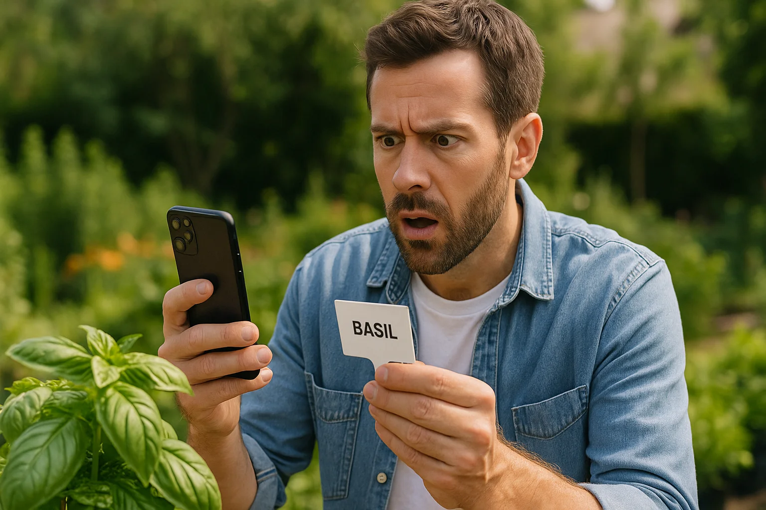 A man in a garden looks surprised as he compares his smartphone’s plant ID result with a label reading “Basil”.