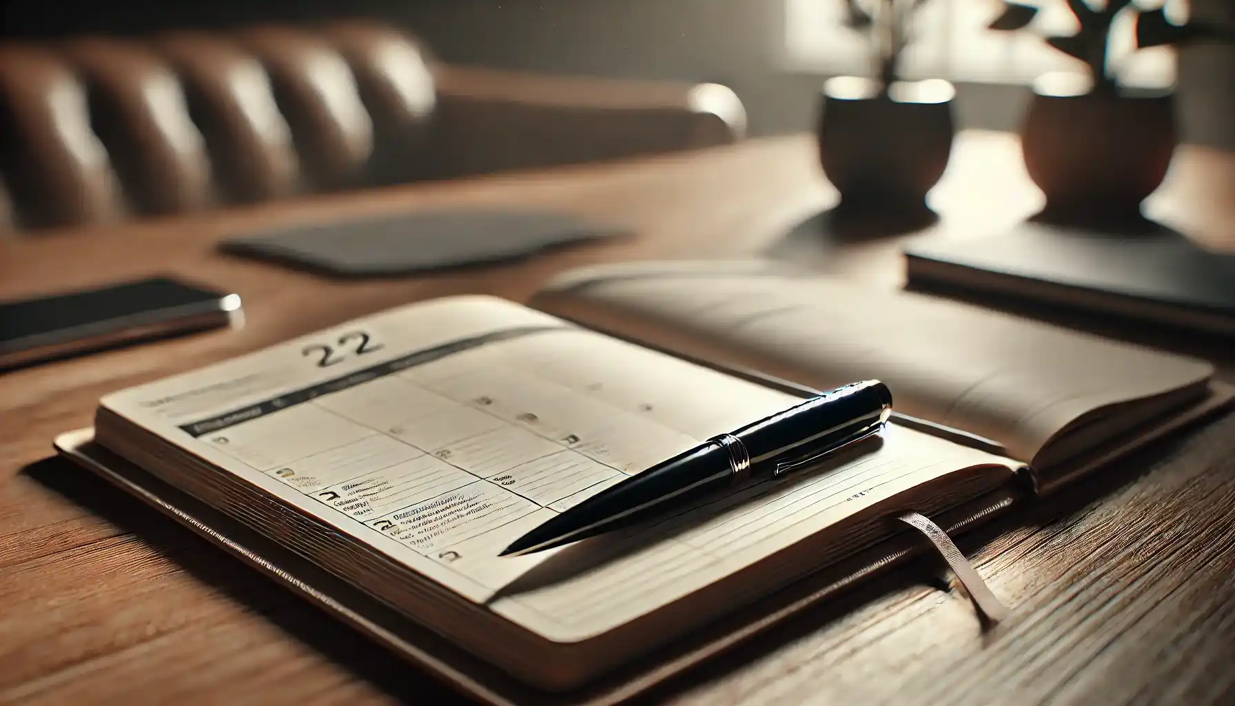 a pen and a planner are lying next to each other on a wooden table