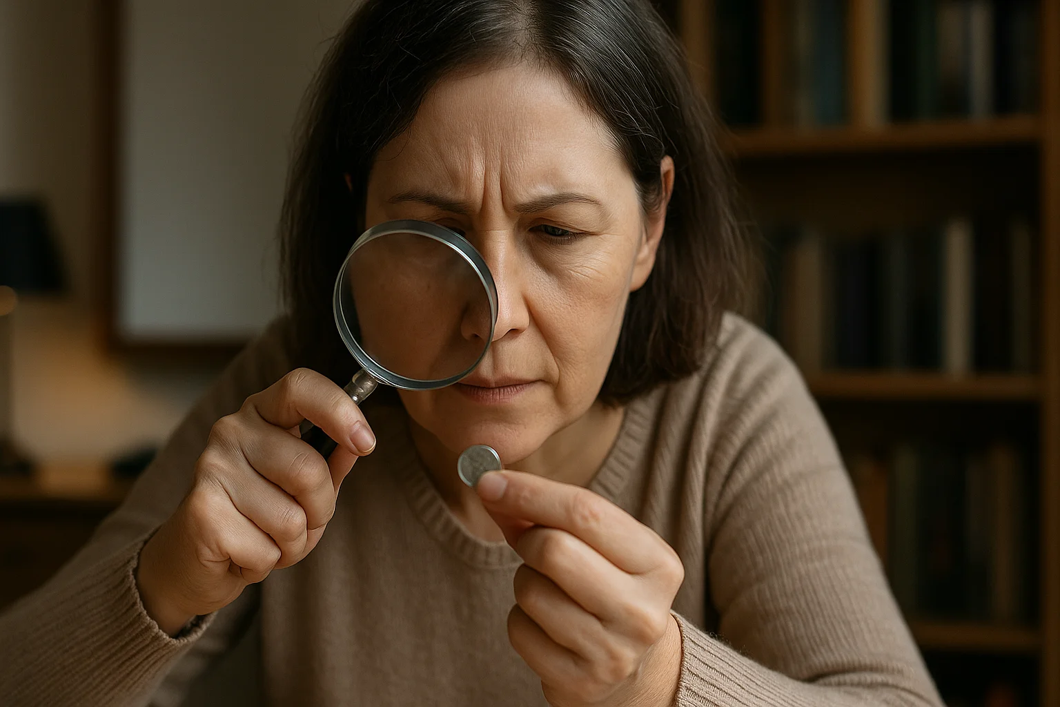 A middle-aged woman studies a HOPE quarter through a magnifying glass in her home office.