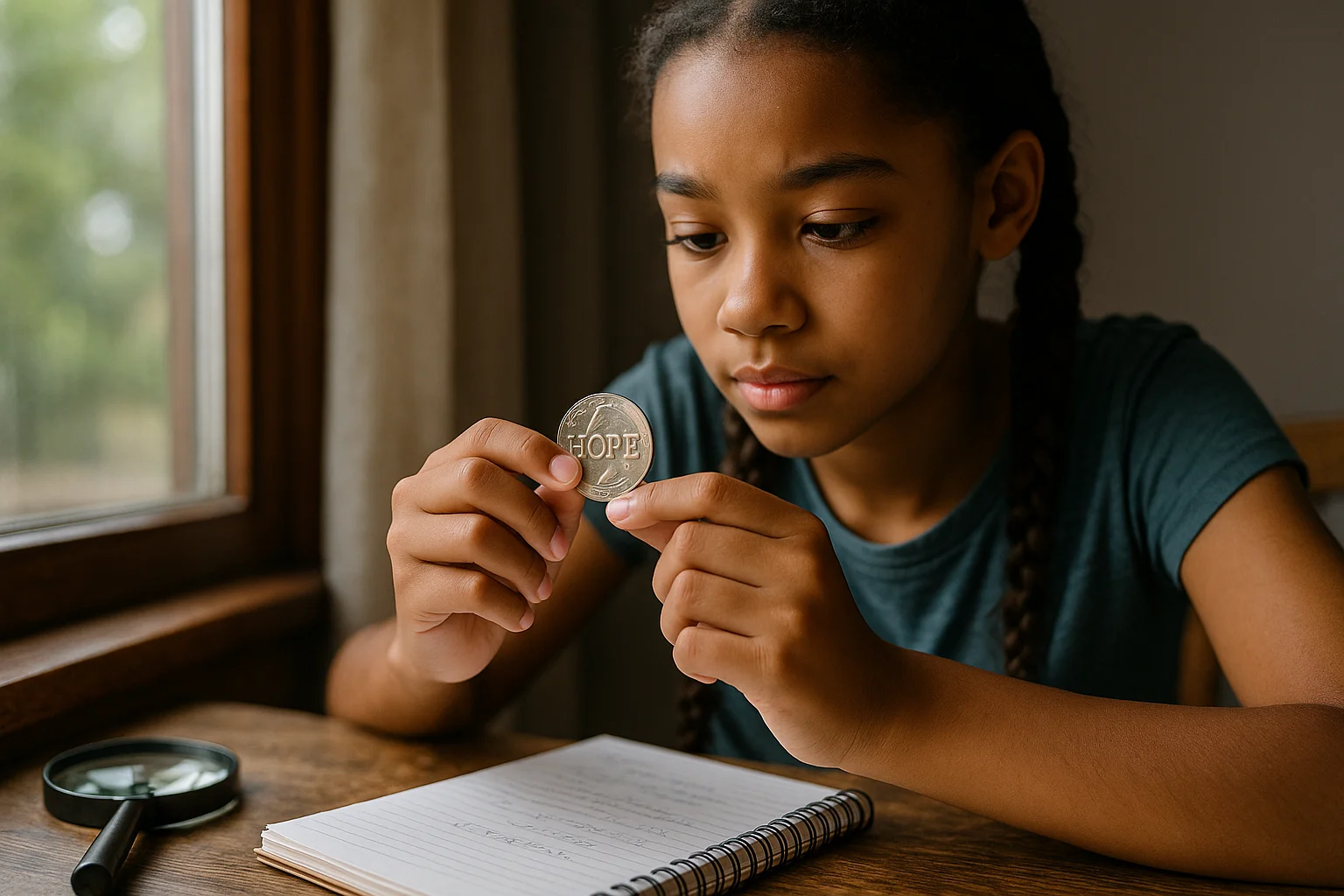 A teenage girl carefully examining a shiny HOPE quarter at a wooden table, with a magnifying glass and notebook beside her.