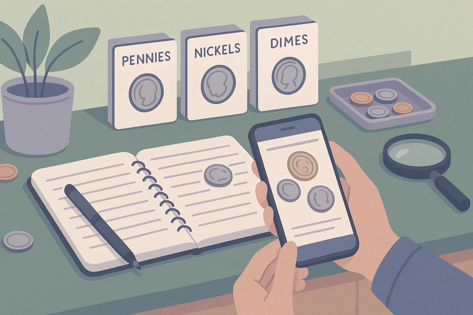 A coin collection is neatly organized on the table with notes and a magnifying glass.