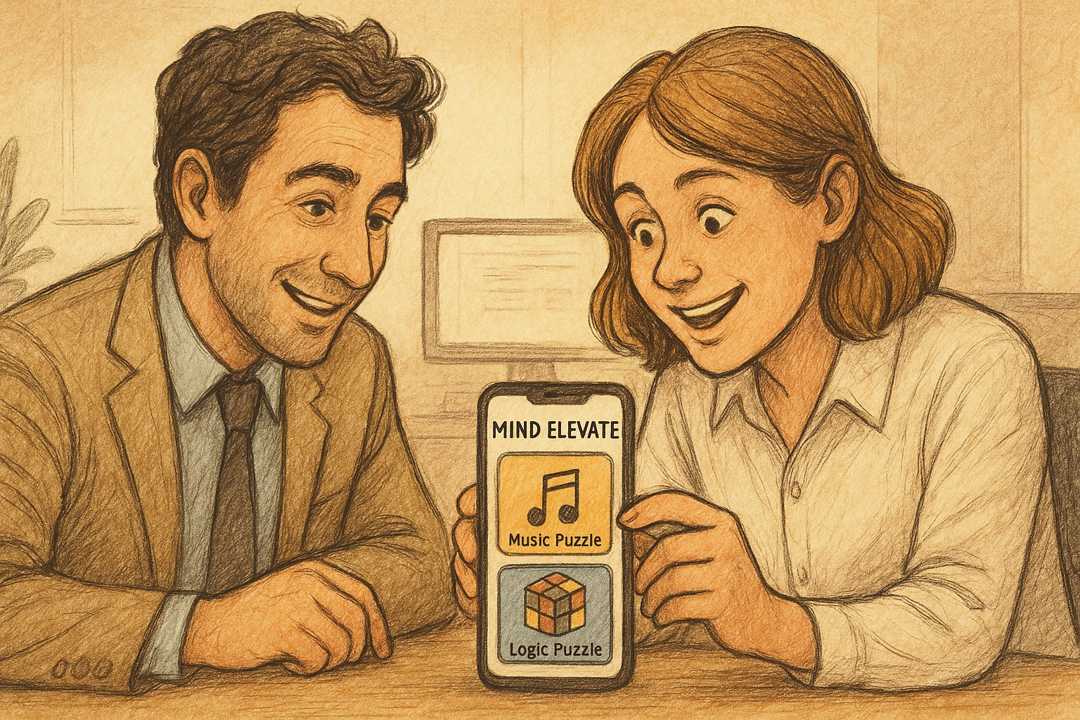 Two colleagues are solving puzzles in Mind Elevate app.