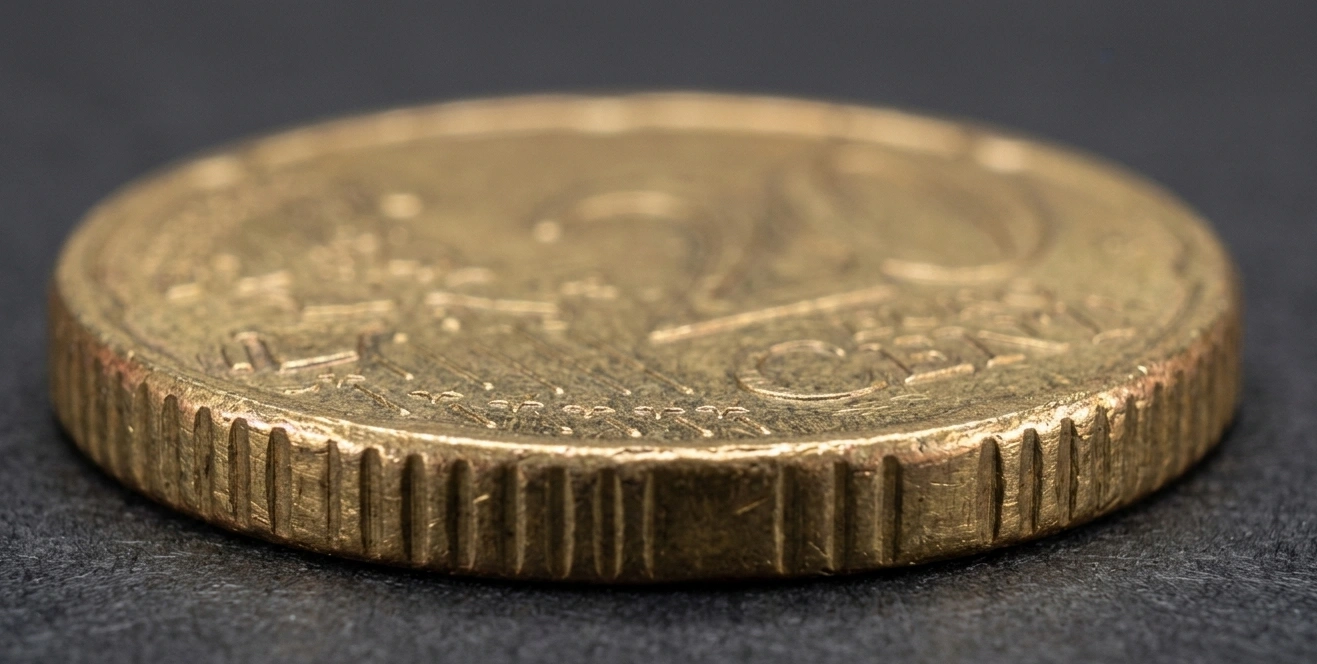 Detailed close-up of 20 euro cent coin edges and texture